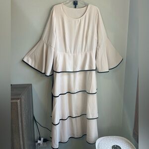 SHEIN Cream & Black Trim Long Sleeve Tiered Ruffle Midi Dress